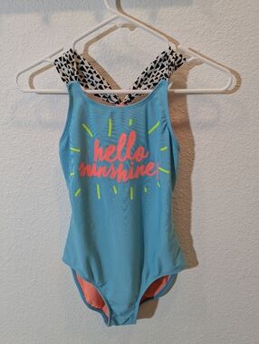 Cat & Jack Blue Tank One-Piece Swimsuit with Pink 'hello sunshine' NWOT L 10/12